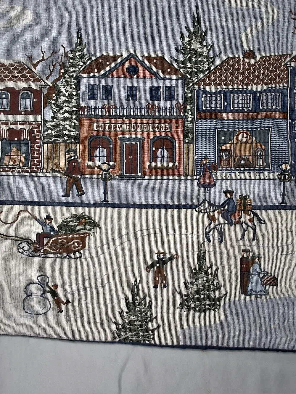 Vtg Christmas Winter Scene Tapestry Table Runner Wall Hanging Holiday Ice Skate